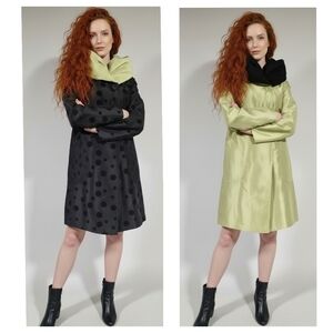 Vintage Reversible Polka Dot A-Line Trench Chartreuse Swing Mod Green Black S/M